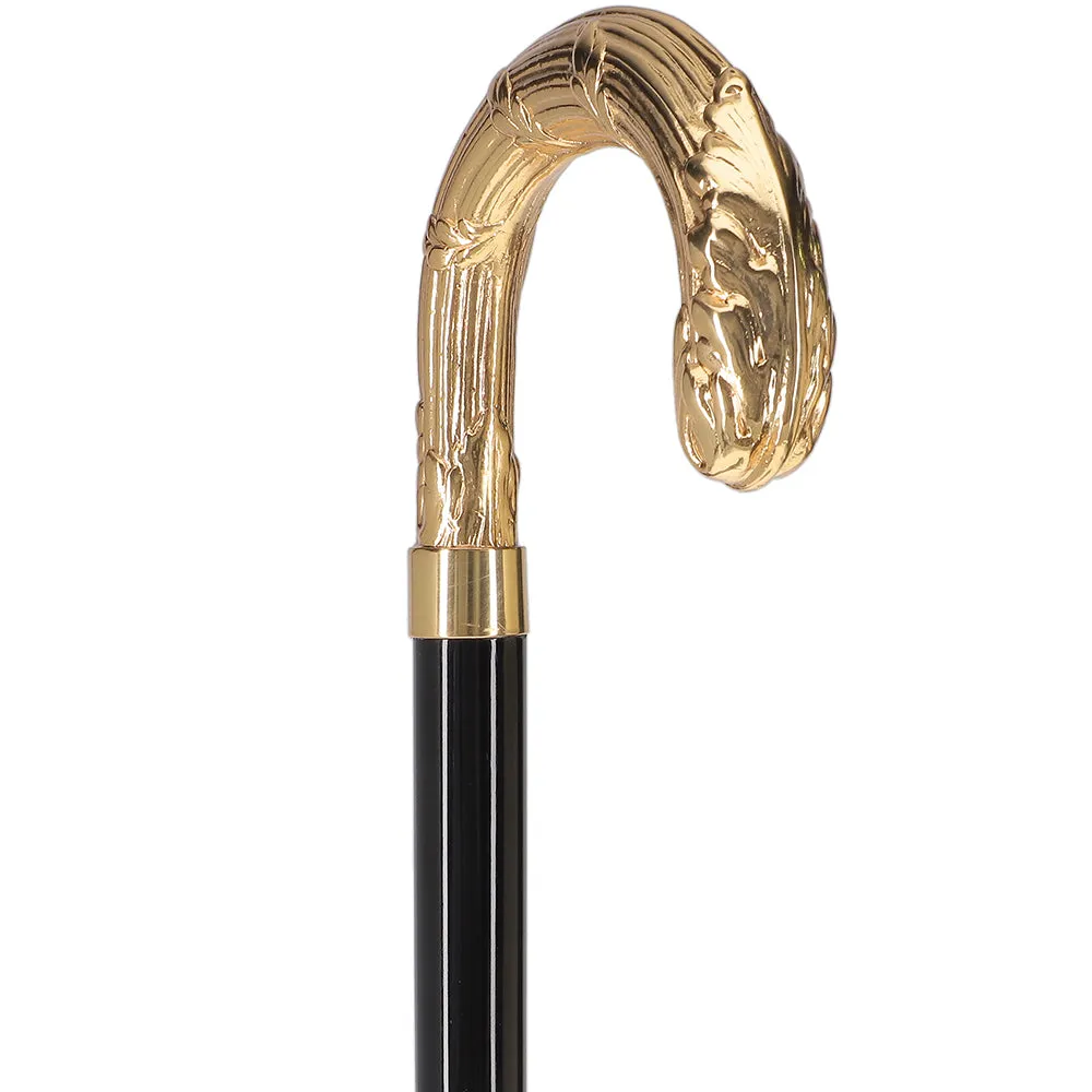 24K Gold Plated Ribbed Wheat Tourist Handle Walking Cane with Black Beechwood Shaft and Collar