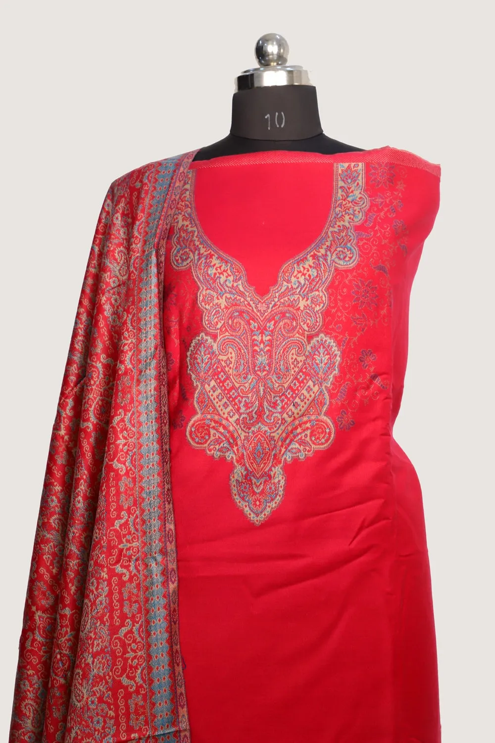 Bright Pink Color Woolen Kashmiri Kani Work Unstitched Suit Fabric With Stole.