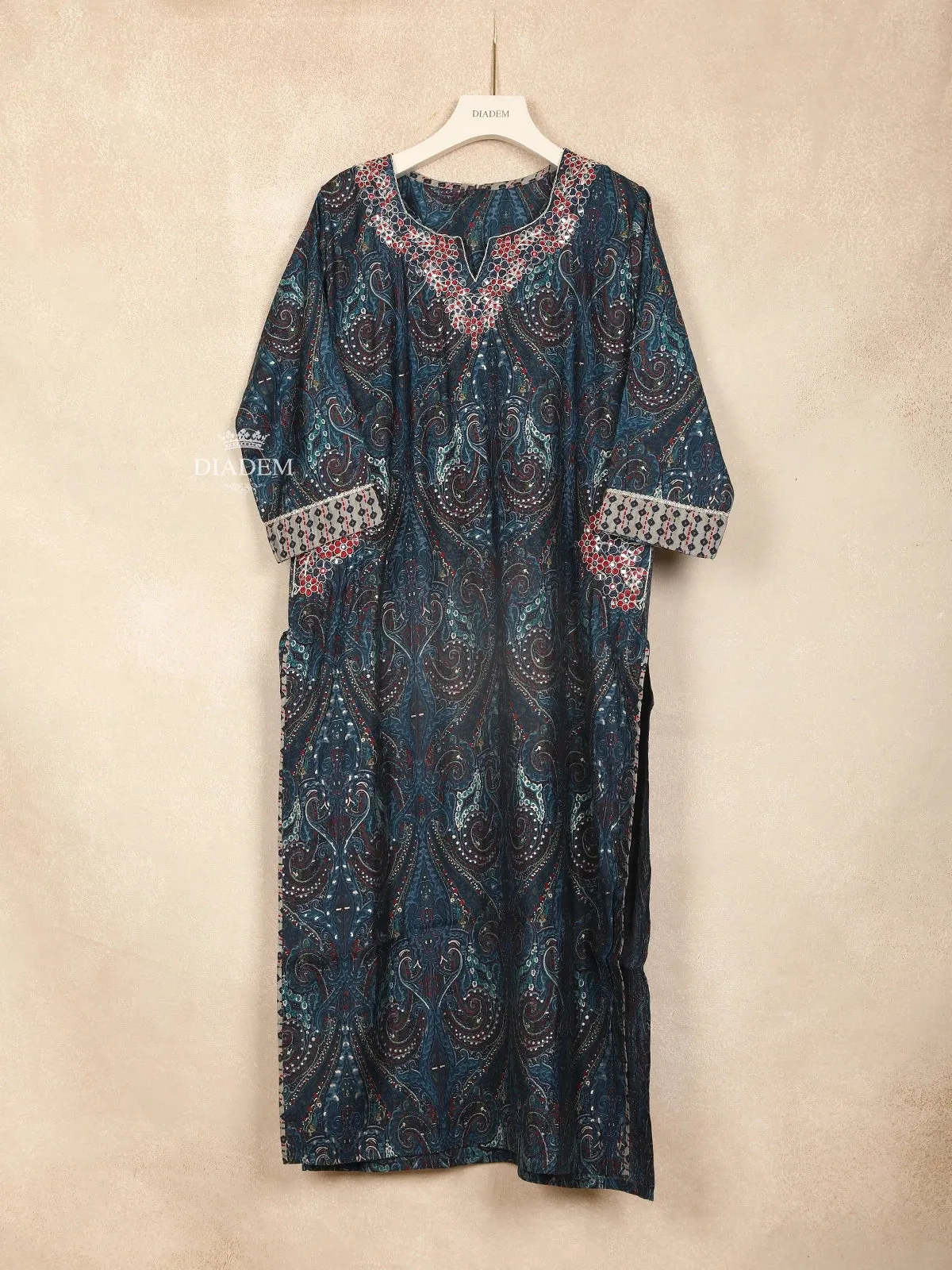 Dark Blue Straight Cut Salwar Suit Adorned with Embroidery Floral Design with Dupatta