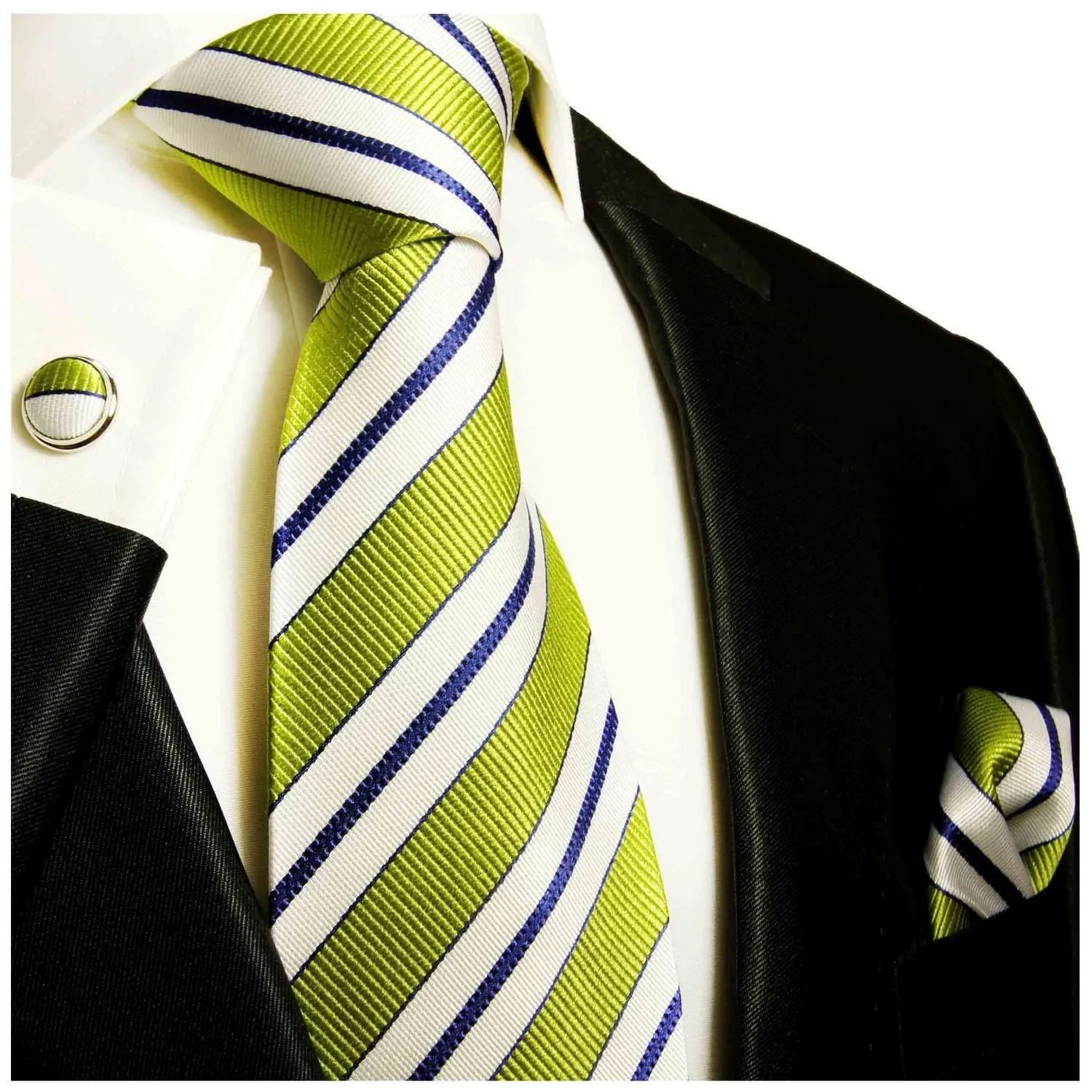 Necktie in Green, White and Navy Blue