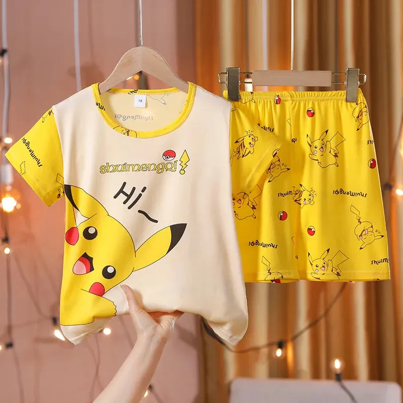 Spring/Summer Thin Children's Pajamas Pikachu Boys And Girls Home Clothing Set Cartoon Short Sleeves