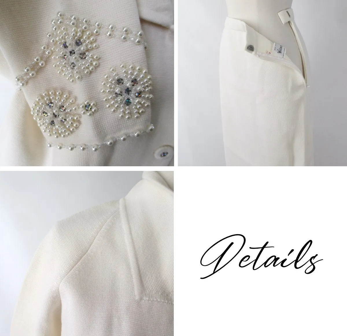 Vintage 60s White Pearl Rhinestone Wool Knit Suit L