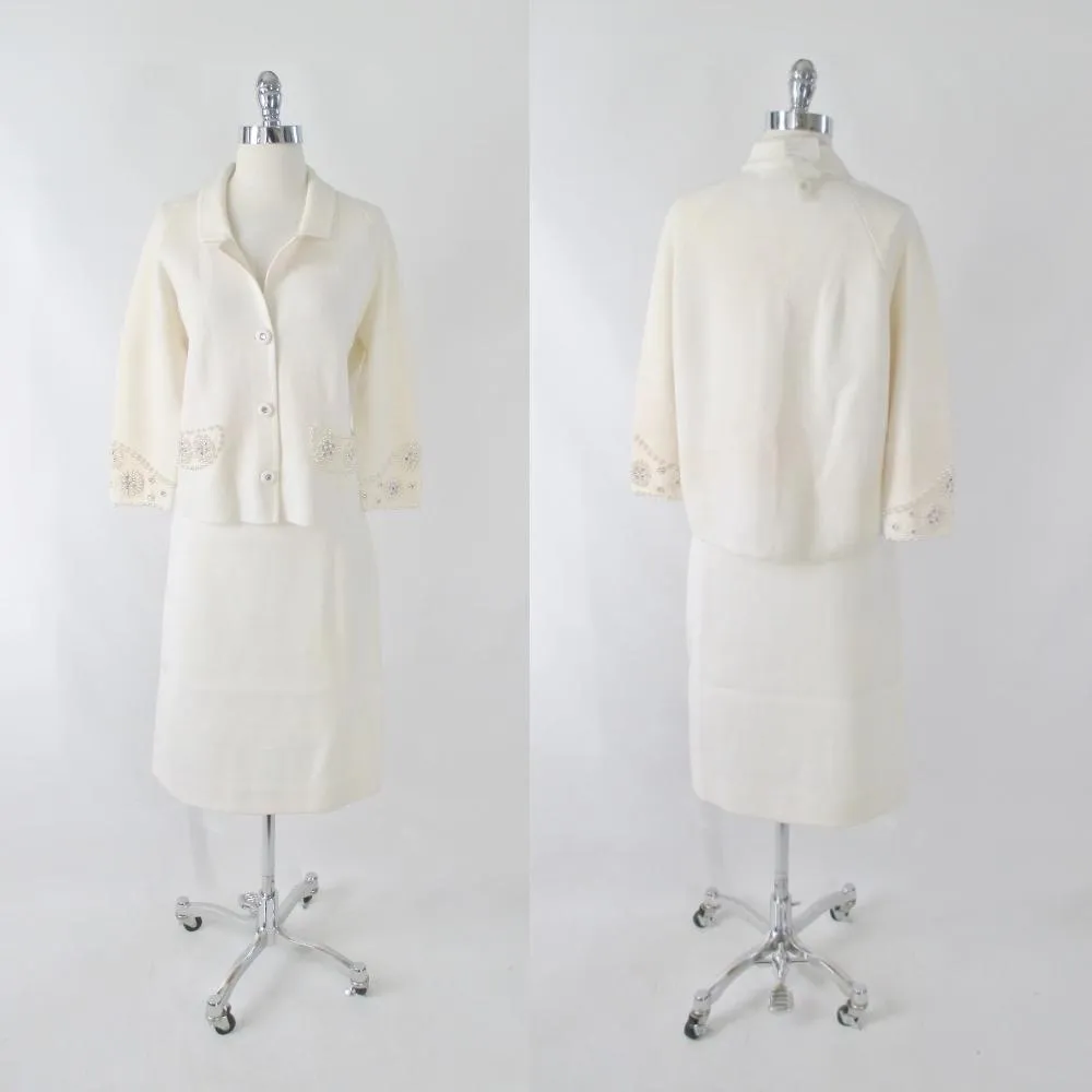 Vintage 60s White Pearl Rhinestone Wool Knit Suit L