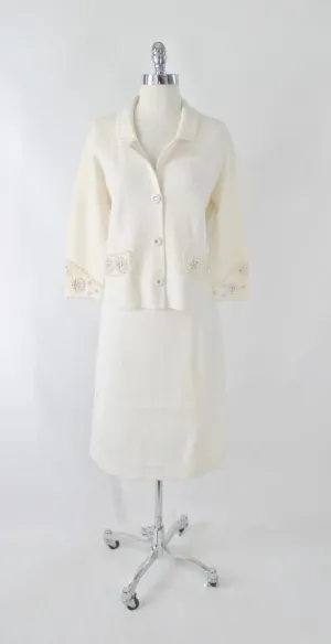 Vintage 60s White Pearl Rhinestone Wool Knit Suit L
