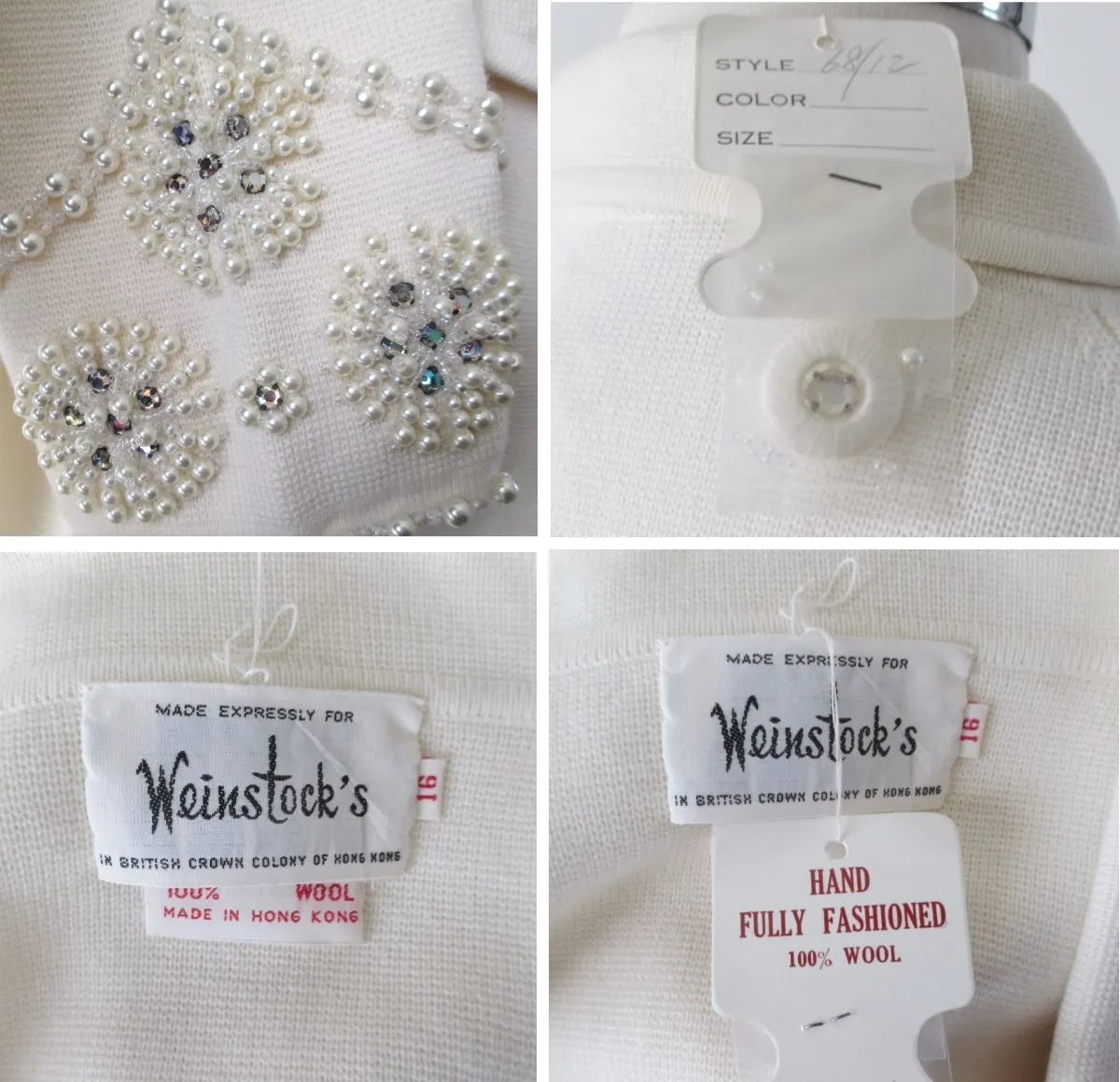 Vintage 60s White Pearl Rhinestone Wool Knit Suit L