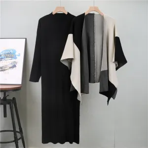 Women's Two-Piece Knit Midi Dress with Color-Block Cape, Available in Black, Beige & Camel